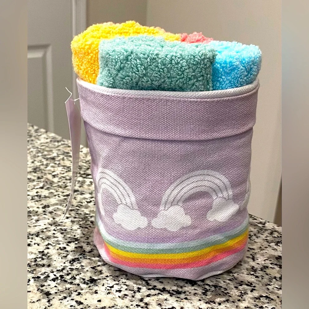Caro Rainbow Hand Towels in Purple Cloth Basket